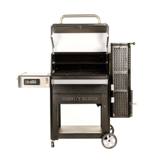 Gravity Series 1050 from the front with the lid raised, showing the lower cast iron grates and the upper warming racks