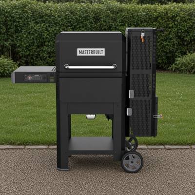 Masterbuilt Gravity Series 600 on gravel in front of a hedge, lid closed, control panel on the left shelf