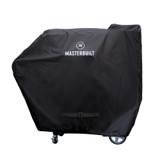 Black Masterbuilt cover on a Gravity grill, taller over the hopper end, with a buckled strap low on the front