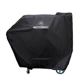 Black Masterbuilt cover on a Gravity grill, taller over the hopper end, with a buckled strap low on the front