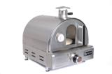 Mont Alpi MAPZ-SS stainless pizza oven, three-quarter view showing the door gauge, chimney and control knob
