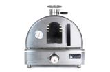 Mont Alpi gas pizza oven from the front with its glass door window and chimney cap