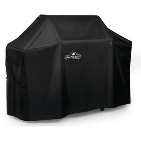 Black Napoleon 61500 fitted cover on a cart grill, seen at an angle, with a buckled strap at the side