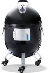 Napoleon Apollo 22 smoker assembled, black dome lid, stainless ring, two stacked doors, three legs on casters