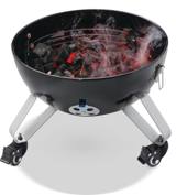 Apollo 22 bowl used as a kettle, glowing charcoal and smoke under a grid, on three caster legs