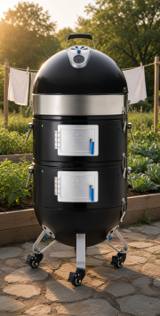 Napoleon Apollo 22 smoker assembled, black dome lid, stainless ring, two stacked doors, three legs on casters