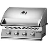 Napoleon Built-in 500 Series 32 stainless grill head, lid closed, four silver knobs and a round lid gauge