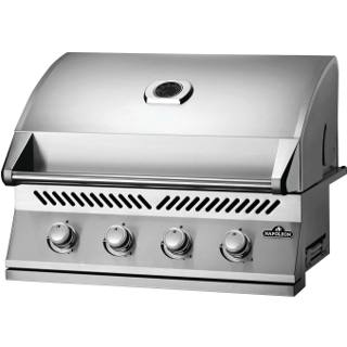 Napoleon Built-in 500 Series 32 stainless grill head, lid closed, four silver knobs and a round lid gauge