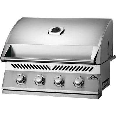 Napoleon Built-in 500 Series 32 stainless grill head, lid closed, four silver knobs and a round lid gauge
