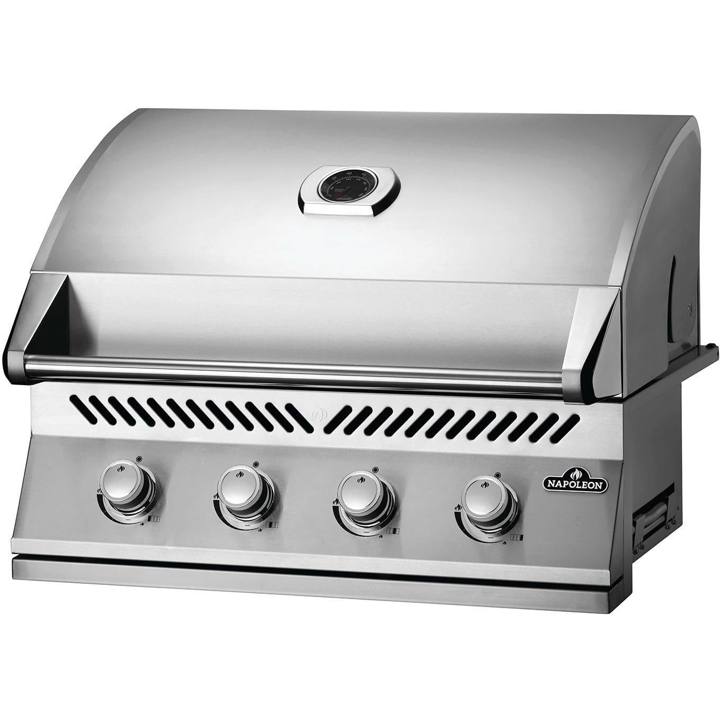 Napoleon Built-in 500 Series 32 stainless grill head, lid closed, four silver knobs and a round lid gauge