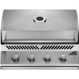Napoleon Built-in 500 Series 32 stainless grill head from the front, lid closed, four silver knobs and a round lid gauge