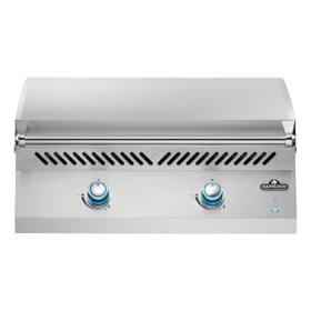 Napoleon Built-in 700 Series 32 griddle head, stainless lid down, two blue lit control knobs on the front panel