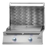700 Series 32 griddle with the lid raised, bare stainless plate with side handles, two knobs lit blue