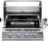 Napoleon Built-in 700 Series 32 stainless grill head with the lid closed and five blue lit control knobs