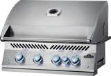 700 Series 32 grill head from a front angle, lid closed, lid gauge and five blue lit knobs