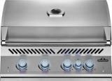 Napoleon Built-in 700 Series 32 stainless grill head, front view, lid closed, five knobs lit blue
