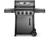 Graphite grey Napoleon Freestyle 425 with four knobs, a closed lid, one cabinet door and both side shelves raised
