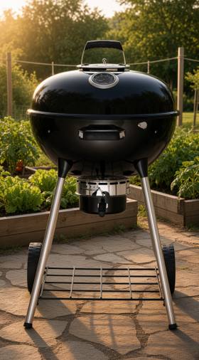 Napoleon NK22 black kettle grill with the lid shut, standing on four legs with two wheels and a wire rack
