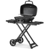 Napoleon Phantom TravelQ PRO 285 in matte black, lid closed, side shelves out, standing on its folding scissor cart