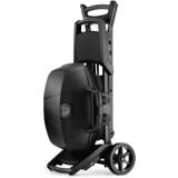 Phantom TravelQ PRO 285 folded upright on its scissor cart, standing on its wheels like a hand truck for storage