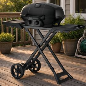 Napoleon Phantom TravelQ PRO 285 in matte black, lid closed, side shelves out, standing on its folding scissor cart