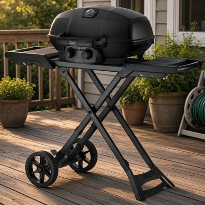 Napoleon Phantom TravelQ PRO 285 in matte black, lid closed, side shelves out, standing on its folding scissor cart