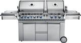 Napoleon Prestige PRO 825 head-on in stainless steel, twin lids above a row of blue-lit control knobs