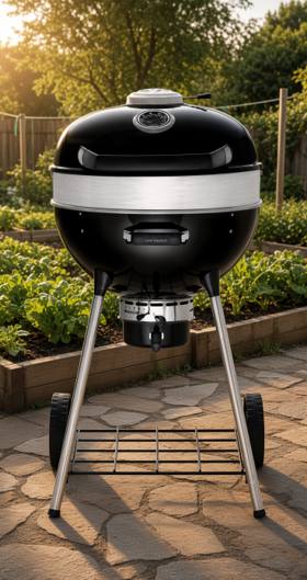 Napoleon PRO22 charcoal kettle, black lid and bowl split by a stainless ring, on four legs with two wheels