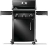 Napoleon Rogue 425 propane grill in black with three knobs, a closed lid and both side shelves raised
