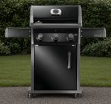 Napoleon Rogue 425 propane grill in black with three knobs, a closed lid and both side shelves raised