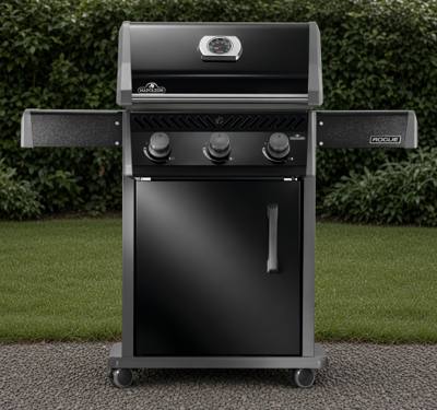 Napoleon Rogue 425 propane grill in black with three knobs, a closed lid and both side shelves raised