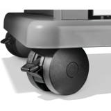 Stainless Napoleon Rogue PRO-S 425 RSIB propane grill with lid closed, both shelves up and five blue lit knobs