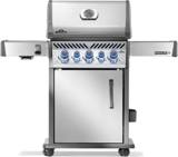 Stainless Rogue PRO-S 425 RSIB from the front, lid closed, both shelves up, five blue lit knobs and a single-door cart