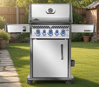 Stainless Napoleon Rogue PRO-S 425 RSIB propane grill with lid closed, both shelves up and five blue lit knobs