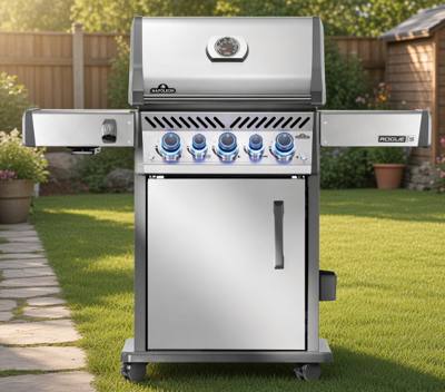 Stainless Napoleon Rogue PRO-S 425 RSIB propane grill with lid closed, both shelves up and five blue lit knobs
