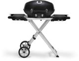 Napoleon TravelQ PRO285X in black on its folding scissor cart, lid closed, both side shelves out
