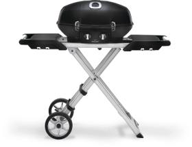 Napoleon TravelQ PRO285X in black on its folding scissor cart, lid closed, both side shelves out