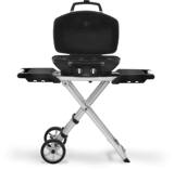TravelQ PRO285X with the high lid open, showing the wavy cast iron grids, two knobs and chrome scissor cart legs