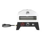 Nexgrill 12 inch gas pizza oven with a stainless lid, black base, two knobs and the gas hose attached, front view