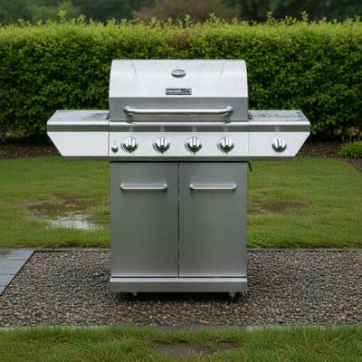 Stainless Nexgrill four-burner gas cart on wet gravel, rain-beaded lid, five knobs and two cabinet doors