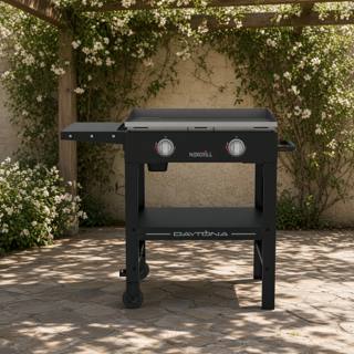 Nexgrill Daytona 28 inch gas griddle on a stone patio under a pergola, flat steel plate, two knobs, one side shelf