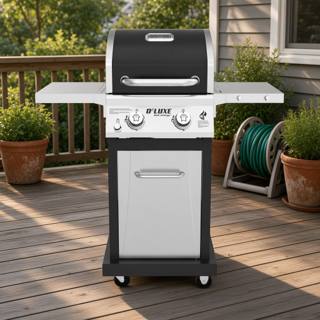 Nexgrill Deluxe two-burner gas grill on a timber deck, shelves out, stainless door shut, black lid closed.