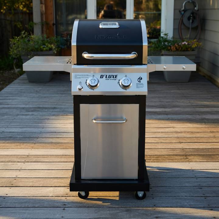 Nexgrill Deluxe two-burner gas grill on a timber deck, shelves out, stainless door shut, black lid closed.