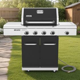 Black-hooded Nexgrill four-burner gas cart on a lawn, stainless control panel and side burner, coiled gas hose alongside
