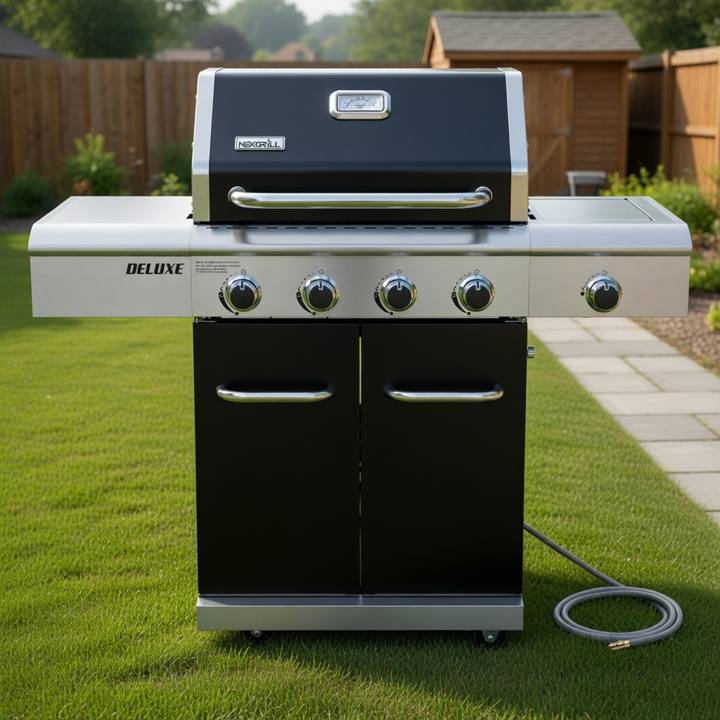 Black-hooded Nexgrill four-burner gas cart on a lawn, stainless control panel and side burner, coiled gas hose alongside