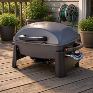 Nexgrill Fortress tabletop grill on a weathered deck in low evening light, lid closed, four black legs, one control knob
