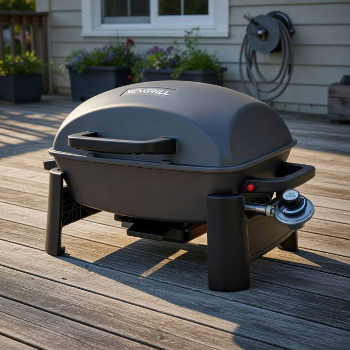 Nexgrill Fortress tabletop grill on a weathered deck in low evening light, lid closed, four black legs, one control knob