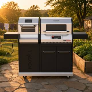 Nexgrill Neevo 720 Plus on a stone patio at sunset, electric air oven at left, grill hood at right, cord trailing