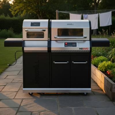 Nexgrill Neevo 720 Plus on a stone patio at sunset, electric air oven at left, grill hood at right, cord trailing