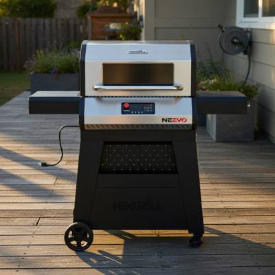 Nexgrill Neevo 720 on a wooden deck at golden hour, lid closed, power cord and plug trailing across the boards